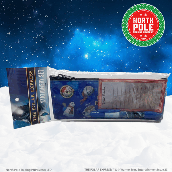 Polar Express pencil case, pen, and notepad in packaging