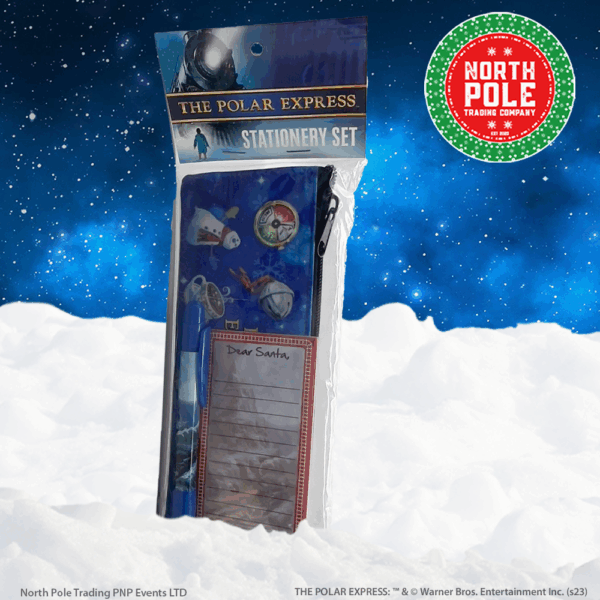 Polar Express pencil case, pen, and notepad in packaging standing