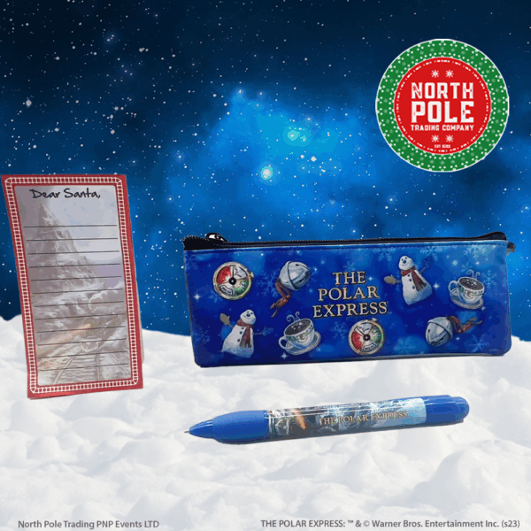 Polar Express pencil case, pen, and notepad