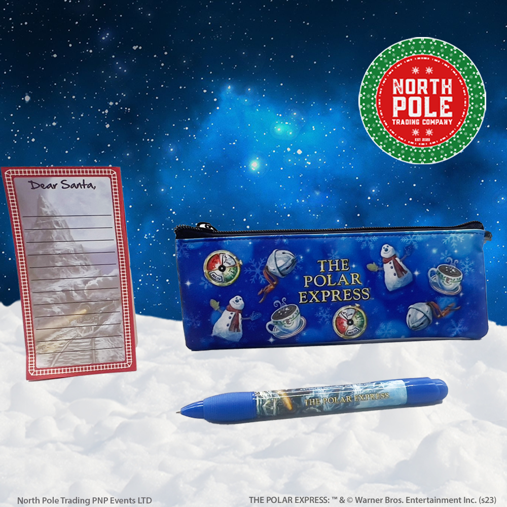 Polar Express pencil case, pen, and notepad
