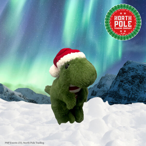 Dinosaur with Santa hat on looking forward