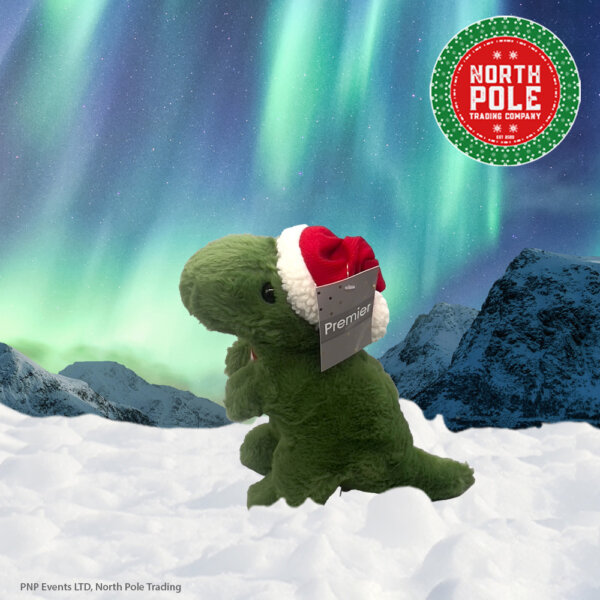 Dinosaur with Santa hat on looking left