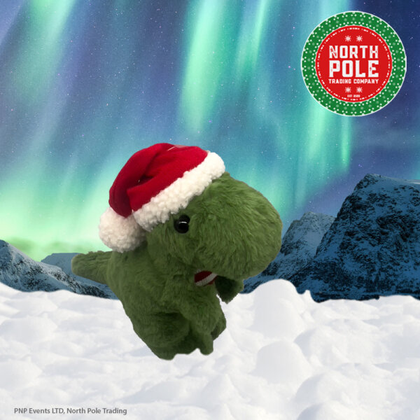Dinosaur Looking right ish but forward with Santa hat on